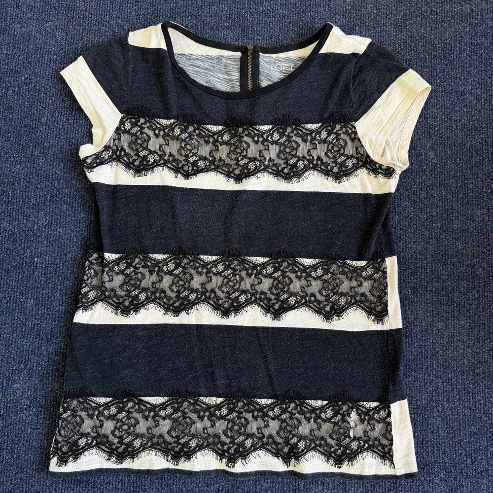 Ann Taylor LOFT Shirt Womens XS Black Stripe Lace Short Sleeve Scoop Neck‎ Top